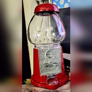 Vintage 1985 Carousel Antiqued Gumball Machine 11” Red Metal Glass Globe Works!